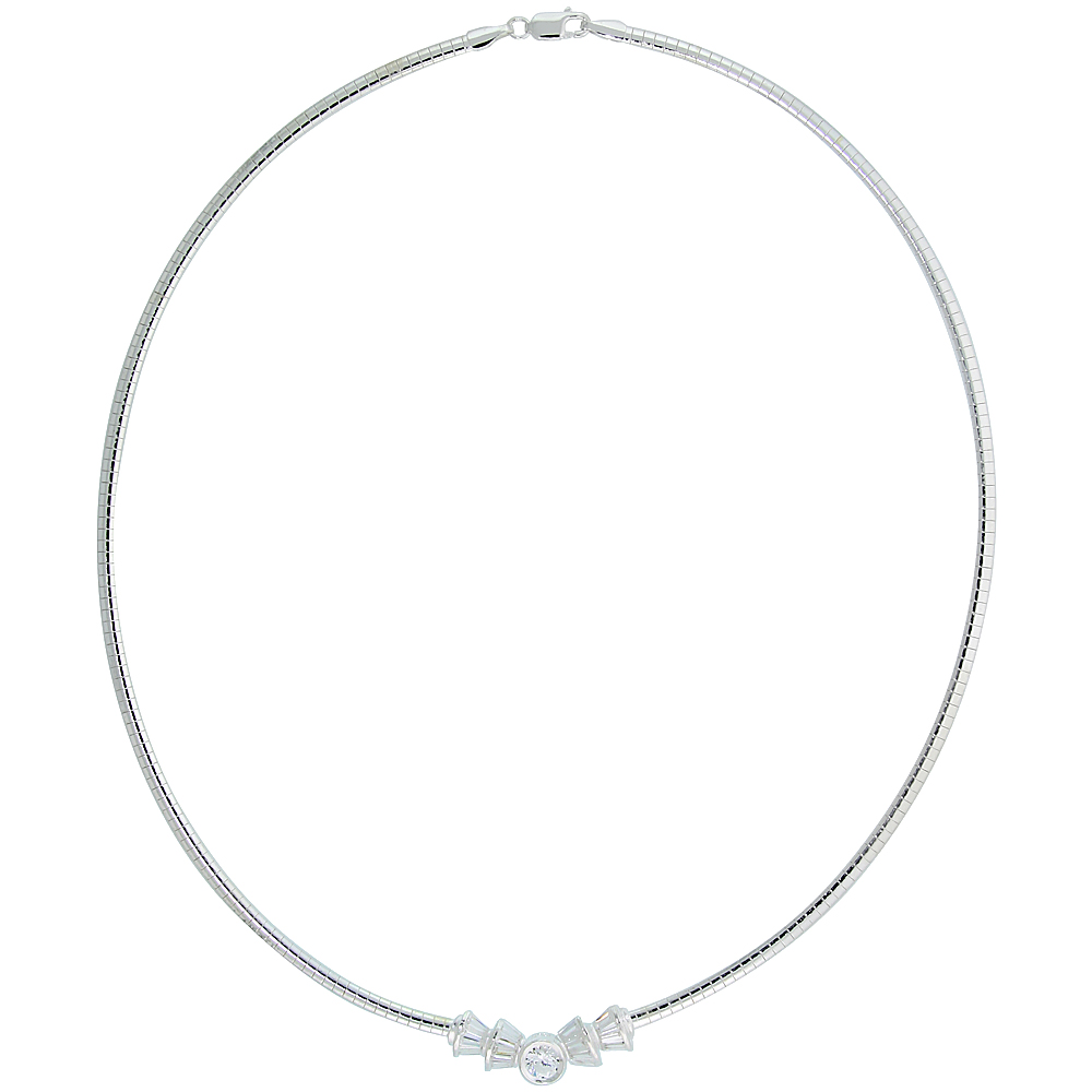 STERLING SILVER 3MM CUBETTO NECKLACE WITH BAGUETTE CUBIC ZIRCONIA, 16 INCH LONG