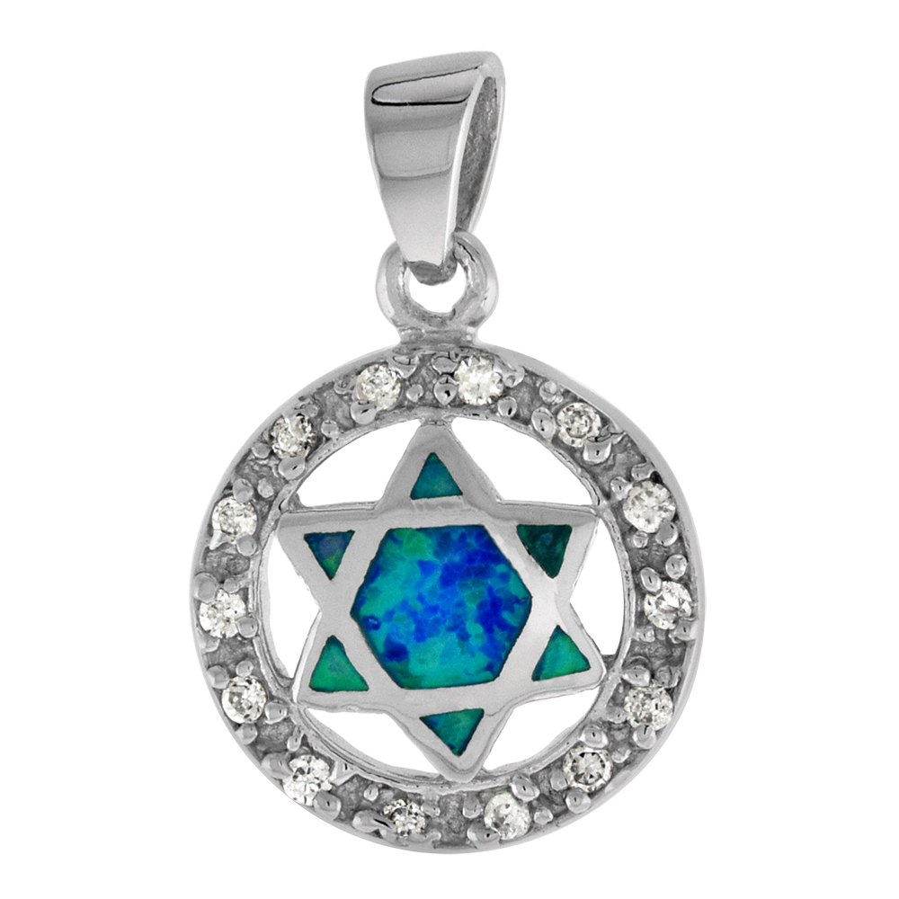 Sterling Silver Star of David Pendant Synthetic Opal Inlay Cubic Zirconia Accent, 9/16 in. (15 mm)
