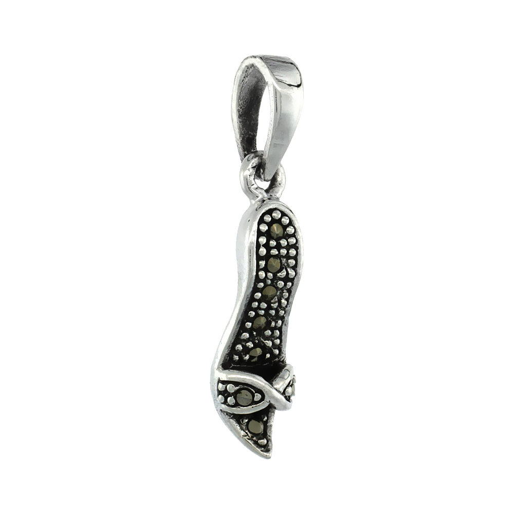 Small Sterling Silver Marcasite Kitten Heel Sandals Necklace for Women 7/8 inch tall Available with or without chain