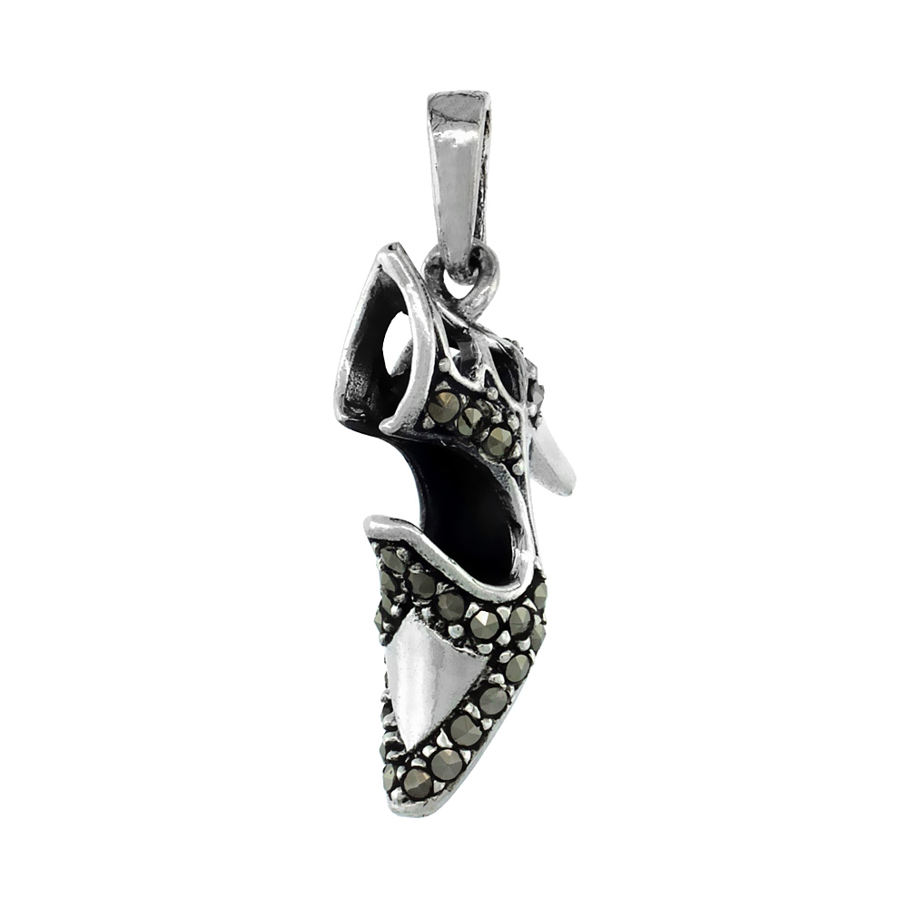 Sterling Silver Marcasite Clog Shoe Pendant for Women 7/8 inch Tall No Chain Included