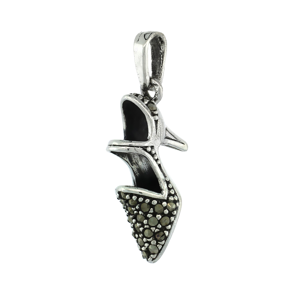 Small Sterling Silver Marcasite Mary Jane Shoe Necklace for Women 15/16 inch tall Available with or without chain