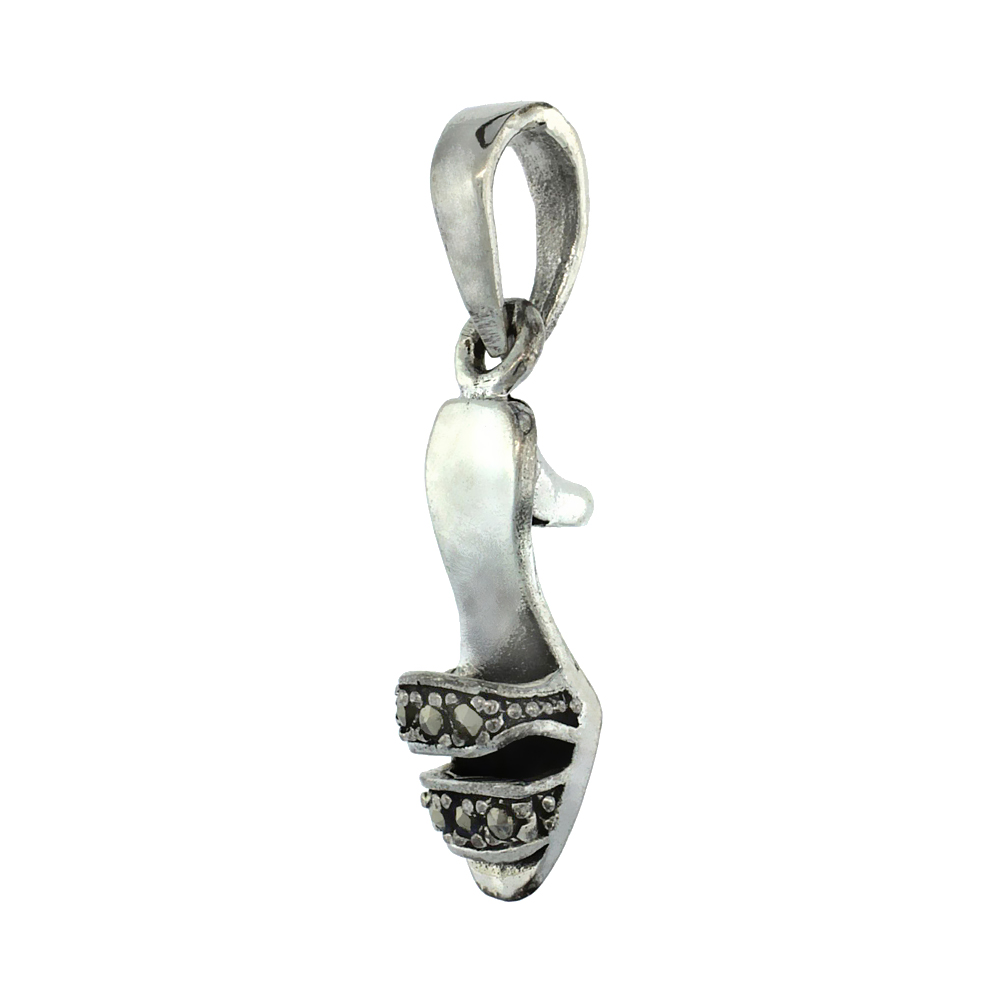 Small Sterling Silver Marcasite Open Toe Sandal Necklace for Women 7/8 inch tall Available with or without chain