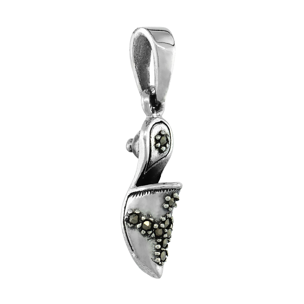 Small Sterling Silver Marcasite Kitten Heel Mule Shoe Necklace for Women 7/8 inch tall Available with or without chain