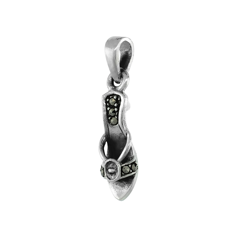 Small Sterling Silver Marcasite Kitten Heel Open Toe Sandal Necklace for Women 7/8 inch tall Available with or without chain