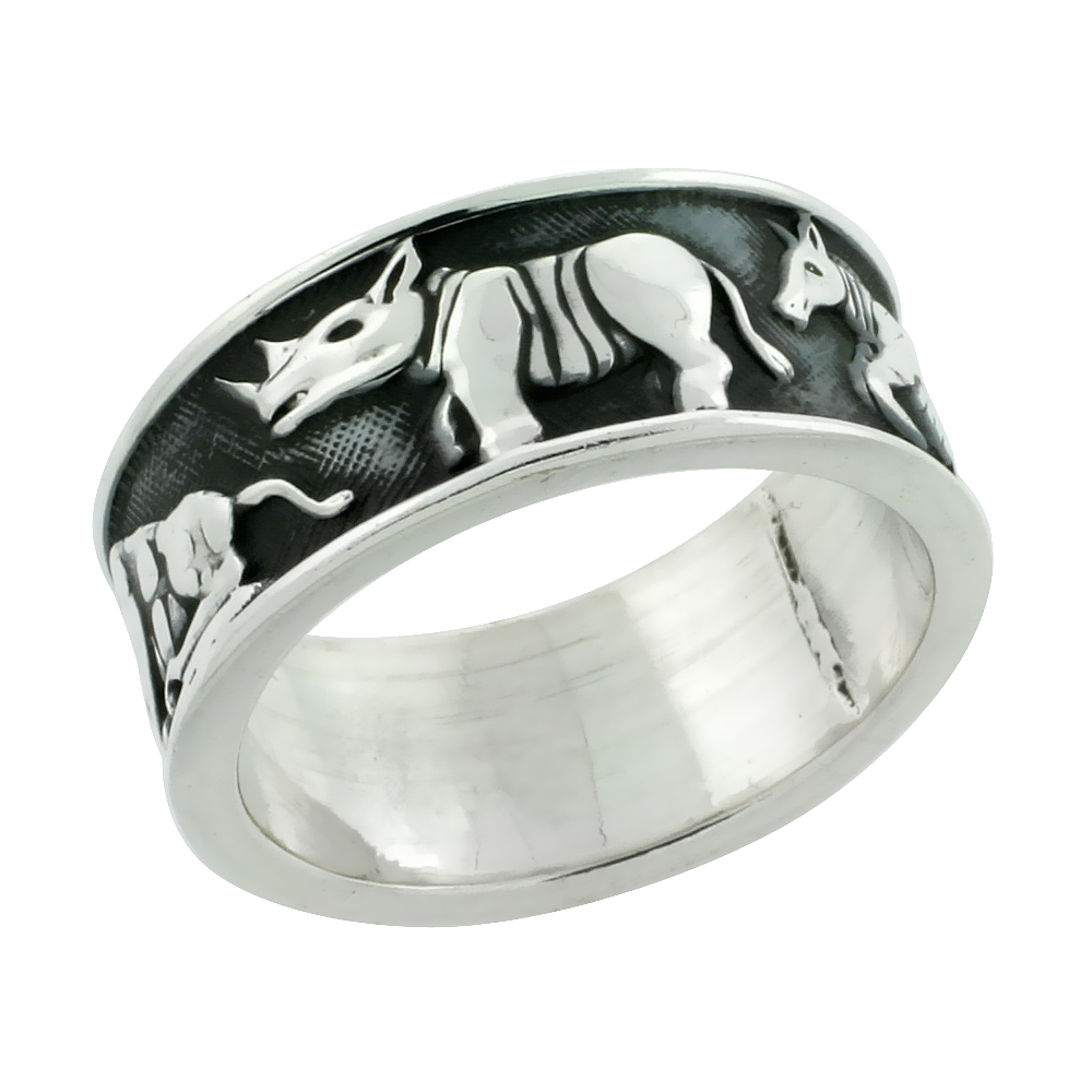 Sterling Silver Wild Safari Menagerie Ring Handmade, 11/32 inch wide, size 6-13