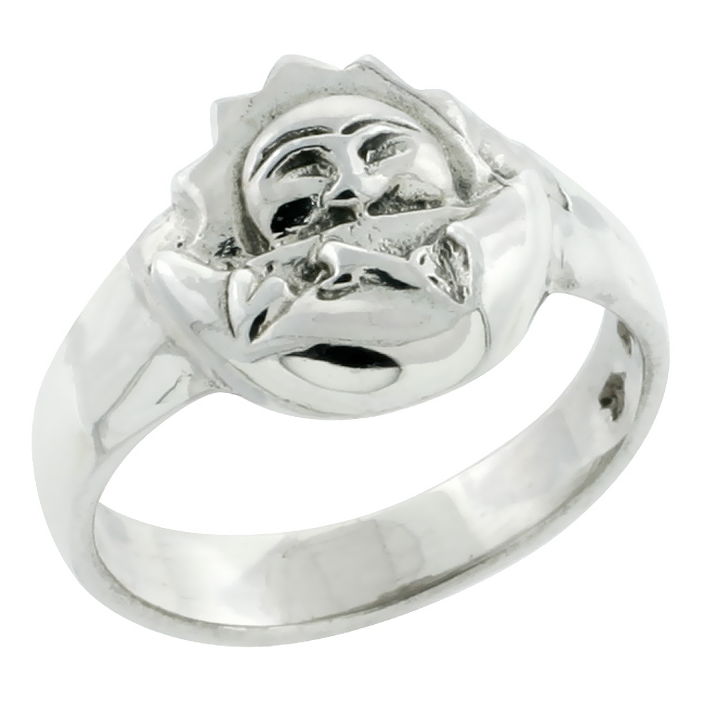 Sterling Silver Sun and Crescent Moon Ring, 1/2 inch wide, size 6-9