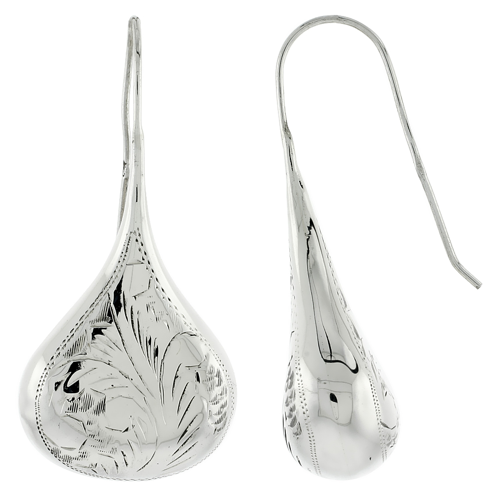 STERLING SILVER LARGE HAND ENGRAVED TEAR DROP EARRINGS, 2 1/16 INCH WIDE
