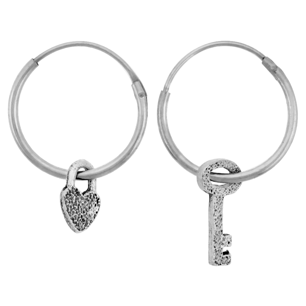 Sterling Silver Hoop Earrings w/ Heart and Key 16mm Round