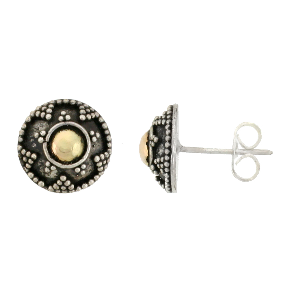STERLING SILVER STUD EARRINGS, ACCENTED REAL 18K GOLD, 7/16 INCH TALL