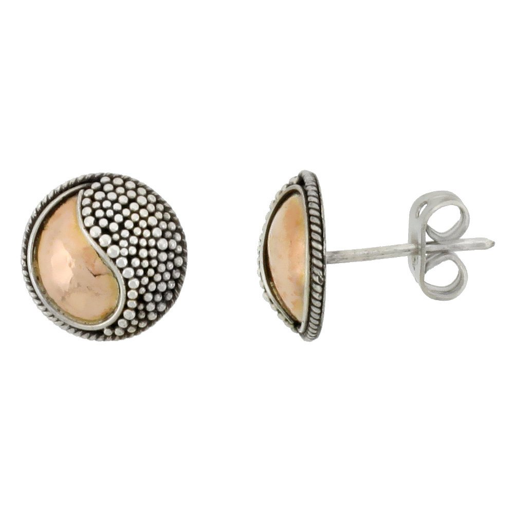 STERLING SILVER STUD EARRINGS, ACCENTED REAL 18K GOLD, 7/16 INCH TALL