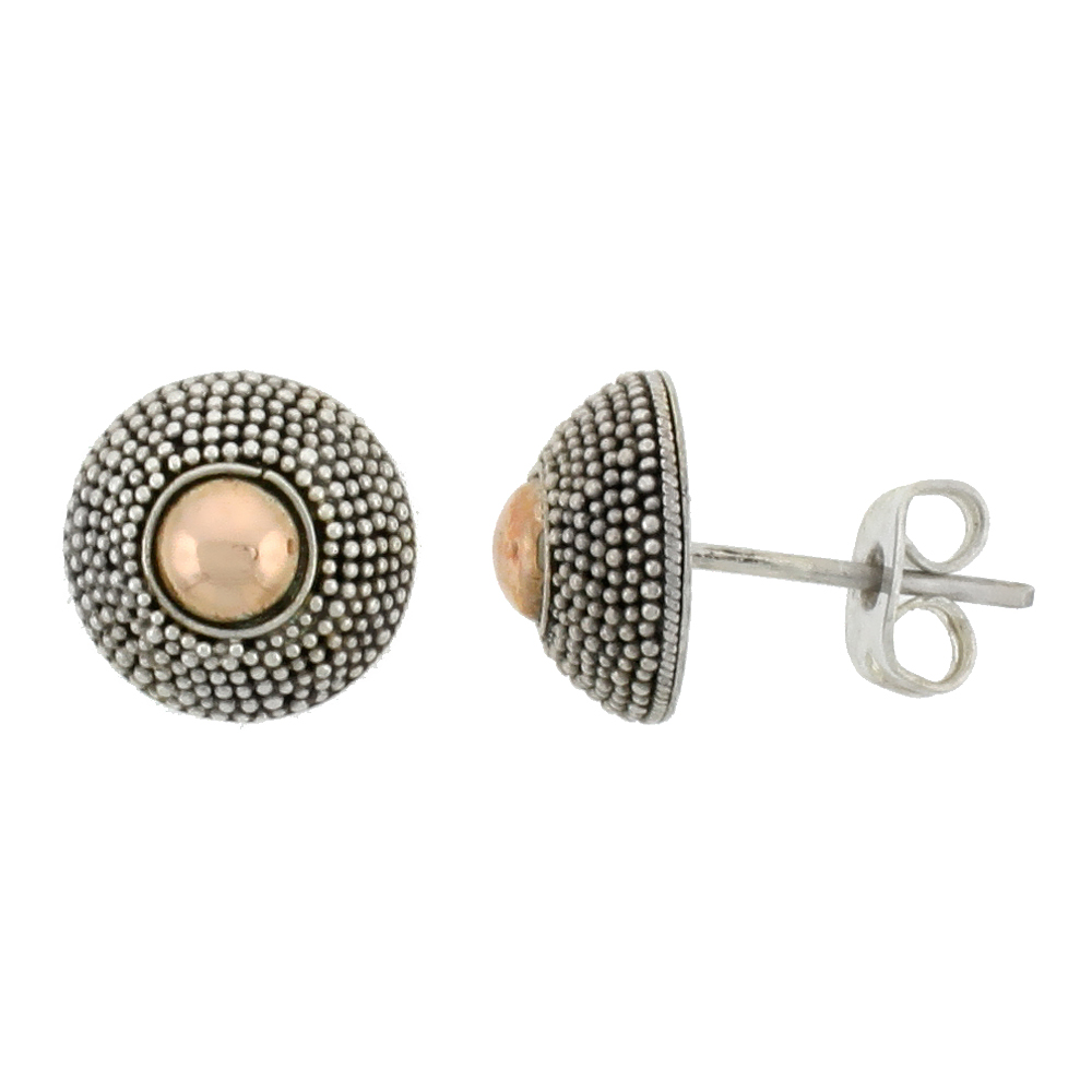 STERLING SILVER STUD EARRINGS, ACCENTED REAL 18K GOLD, 7/16 INCH TALL