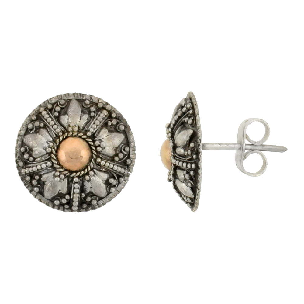 STERLING SILVER FLOWER STUD EARRINGS, ACCENTED REAL 18K GOLD, 9/16 INCH TALL