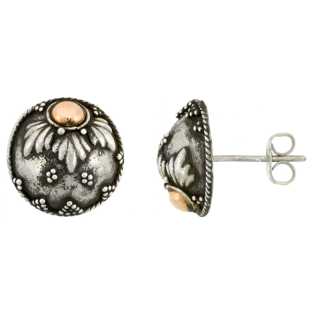 STERLING SILVER STUD EARRINGS, ACCENTED REAL 18K GOLD, 9/16 INCH TALL