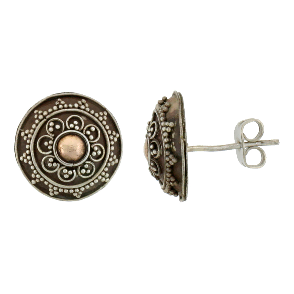 STERLING SILVER FLOWER STUD EARRINGS, ACCENTED REAL 18K GOLD, 9/16 INCH TALL