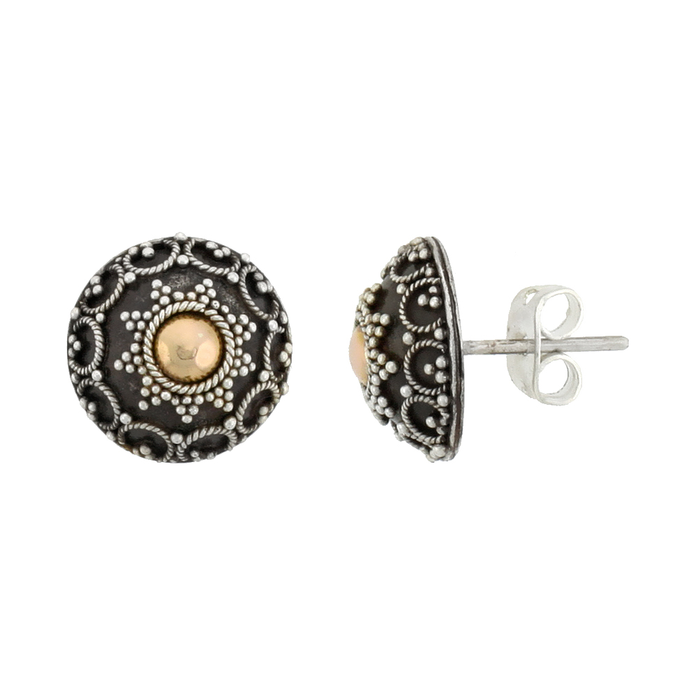 STERLING SILVER FLOWER STUD EARRINGS, ACCENTED REAL 18K GOLD, 1/2 INCH TALL