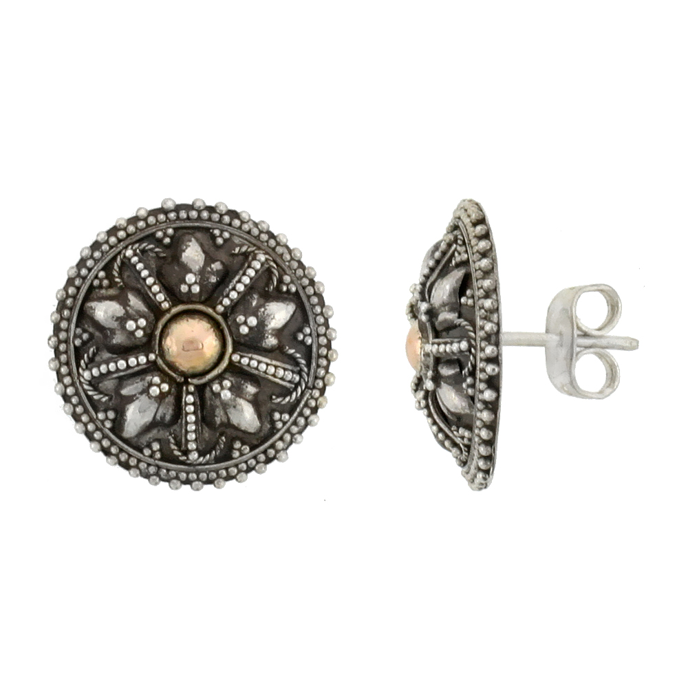 STERLING SILVER FLOWER STUD EARRINGS, ACCENTED REAL 18K GOLD, 5/8 INCH TALL