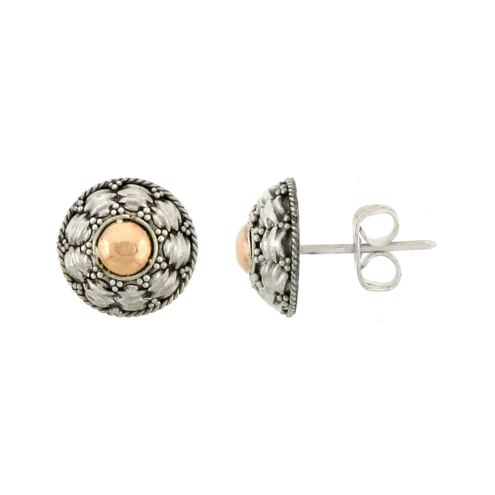 STERLING SILVER STUD EARRINGS, ACCENTED REAL 18K GOLD, 7/16 INCH TALL