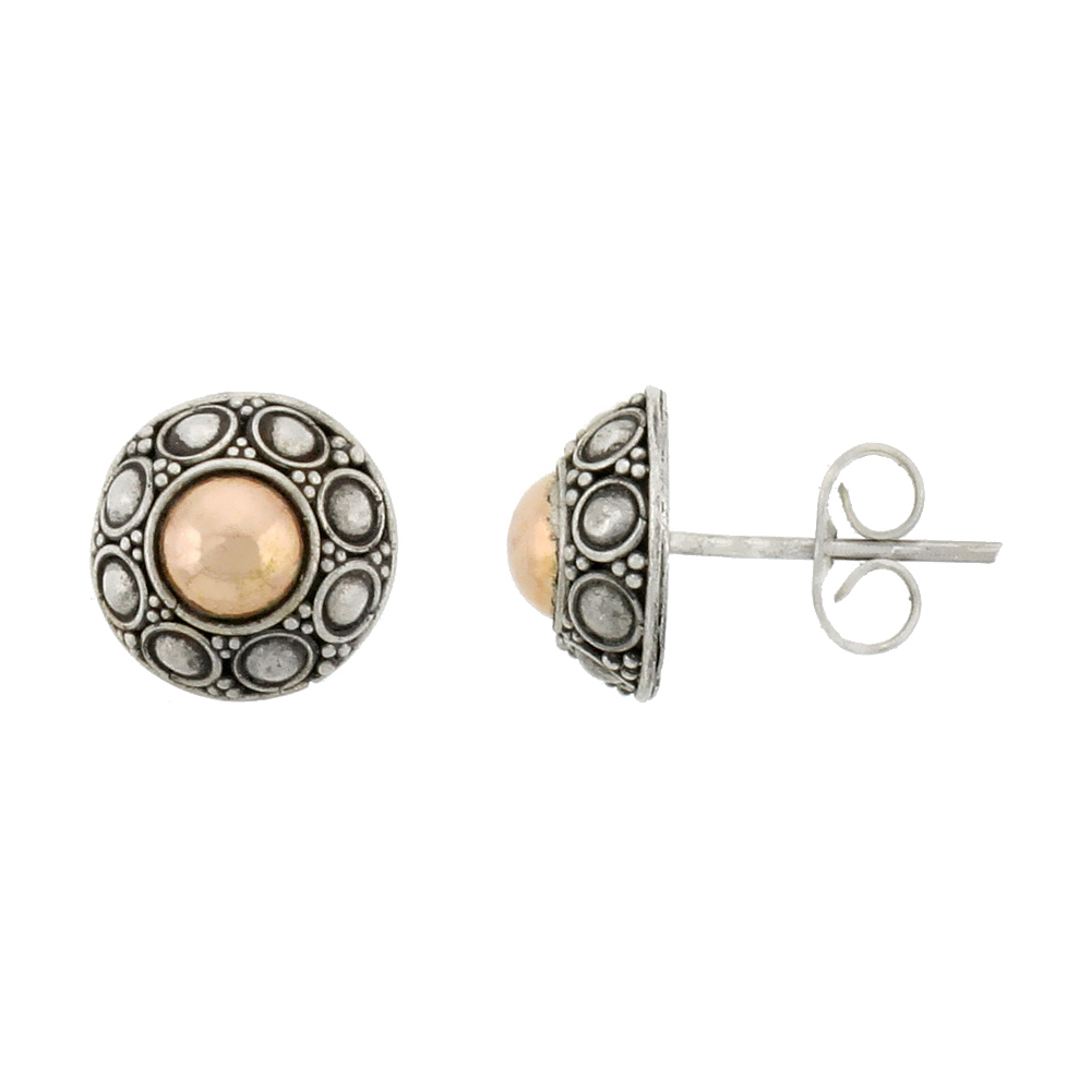STERLING SILVER STUD EARRINGS, ACCENTED REAL 18K GOLD, 3/8 INCH TALL