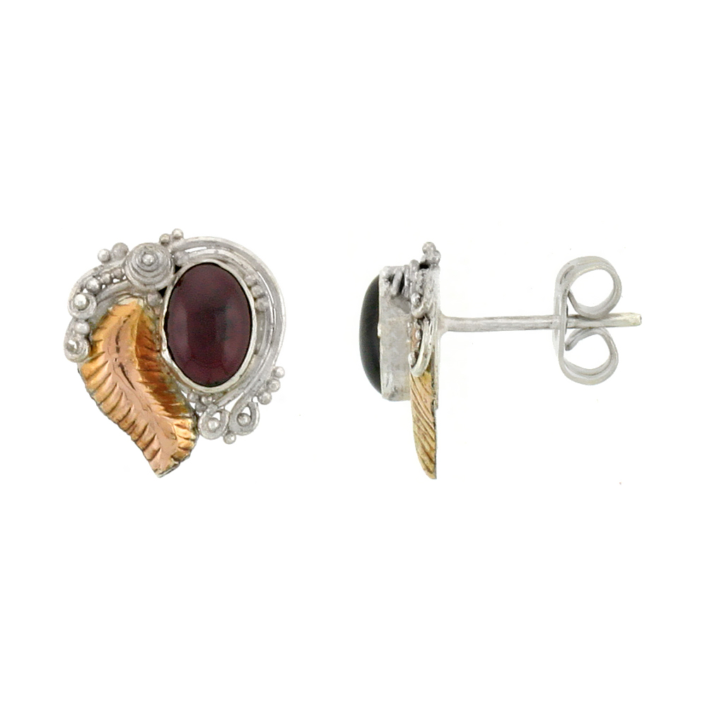 STERLING SILVER STUD EARRINGS, 7 X 5 MM CABOCHON CUT NATURAL GARNET STONE & REAL 18K GOLD LEAF ACCENT, 1/2 INCH TALL