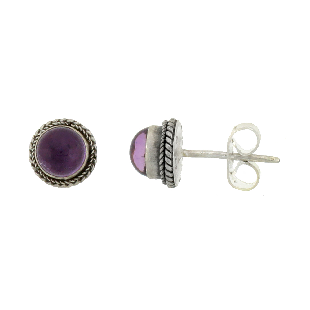 STERLING SILVER STUD EARRINGS, ROPE DESIGNS & 4MM CABOCHON CUT NATURAL AMETHYST STONE, 1/4 INCH TALL