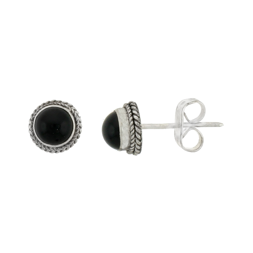 STERLING SILVER STUD EARRINGS, ROPE DESIGNS & 5MM CABOCHON CUT BLACK ONYX, 7/16 INCH TALL