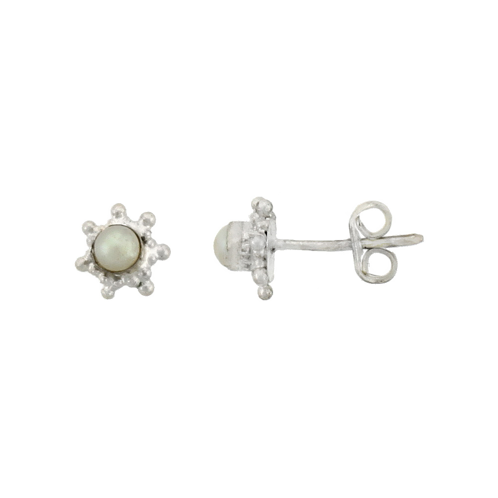 STERLING SILVER FLOWER STUD EARRINGS, 3MM FRESH WATER PEARL, 1/4 INCH TALL