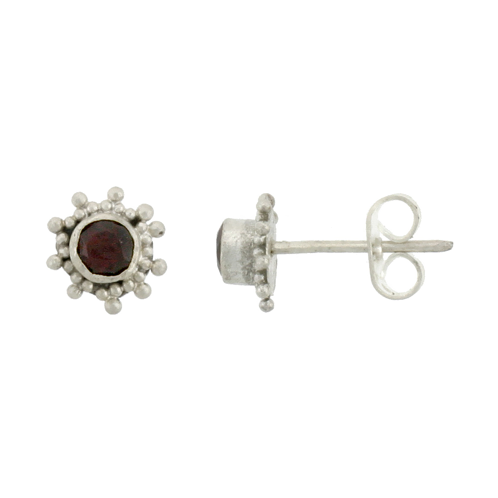 STERLING SILVER STUD EARRINGS, 4MM BRILLIANT CUT NATURAL GARNET STONE, 5/16 INCH TALL