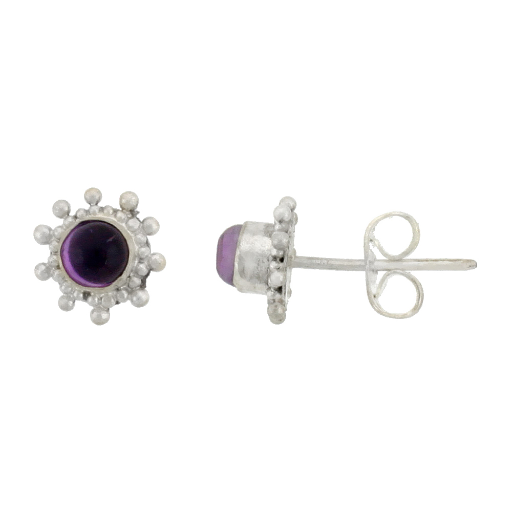 STERLING SILVER STUD EARRINGS, 4MM BRILLIANT CUT NATURAL AMETHYST STONE, 5/16 INCH TALL