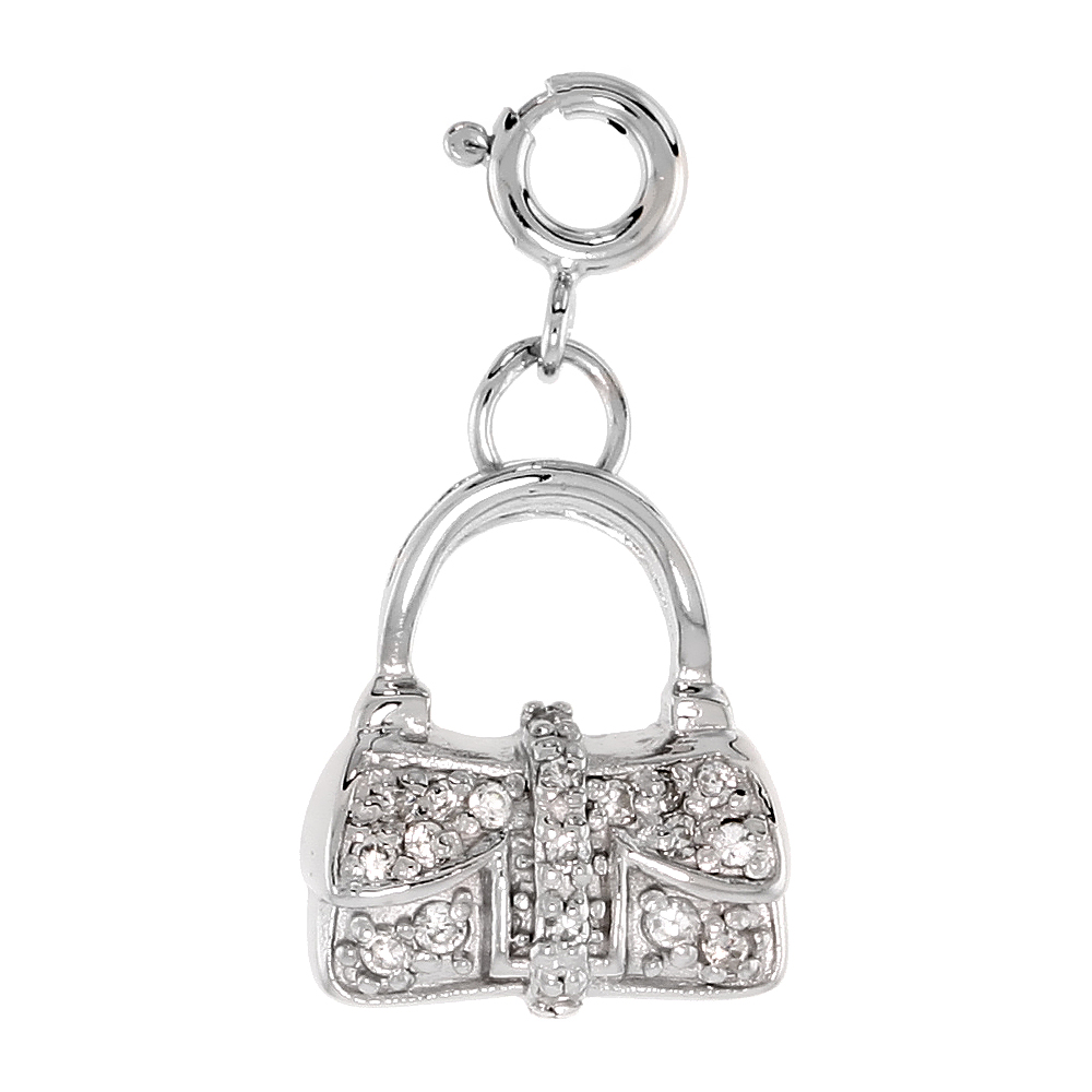 STERLING SILVER CUBIC ZIRCONIA PURSE DANGLING CHARM WITH SPRING CLASP, 9/16 INCH WIDE
