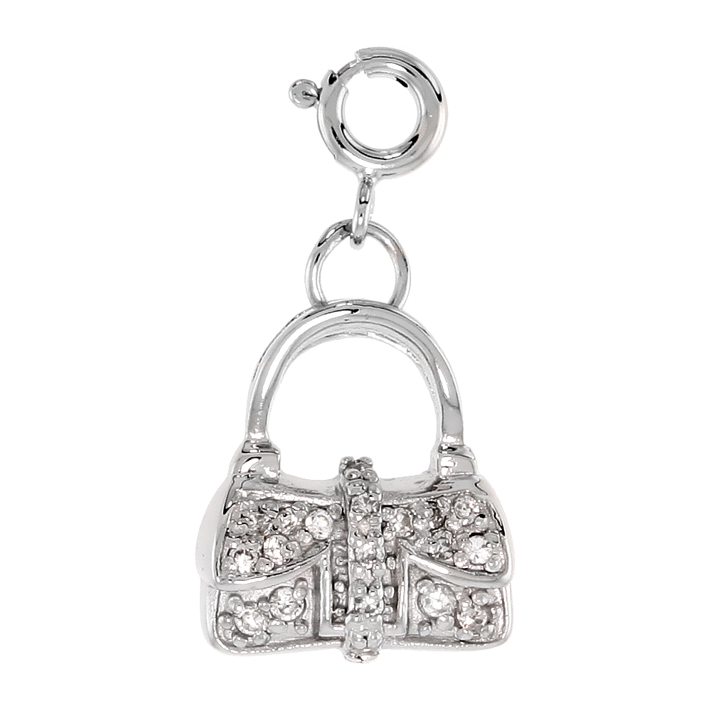 Sterling Silver Cubic Zirconia Purse Dangling Charm with Spring Clasp, 9/16 inch wide