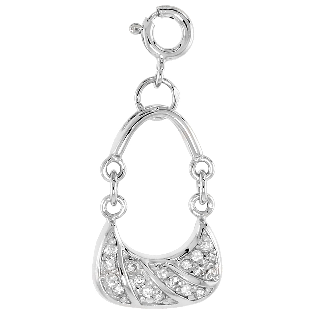 Sterling Silver Cubic Zirconia Striped Purse Dangling Charm with Spring Clasp, 9/16 inch wide