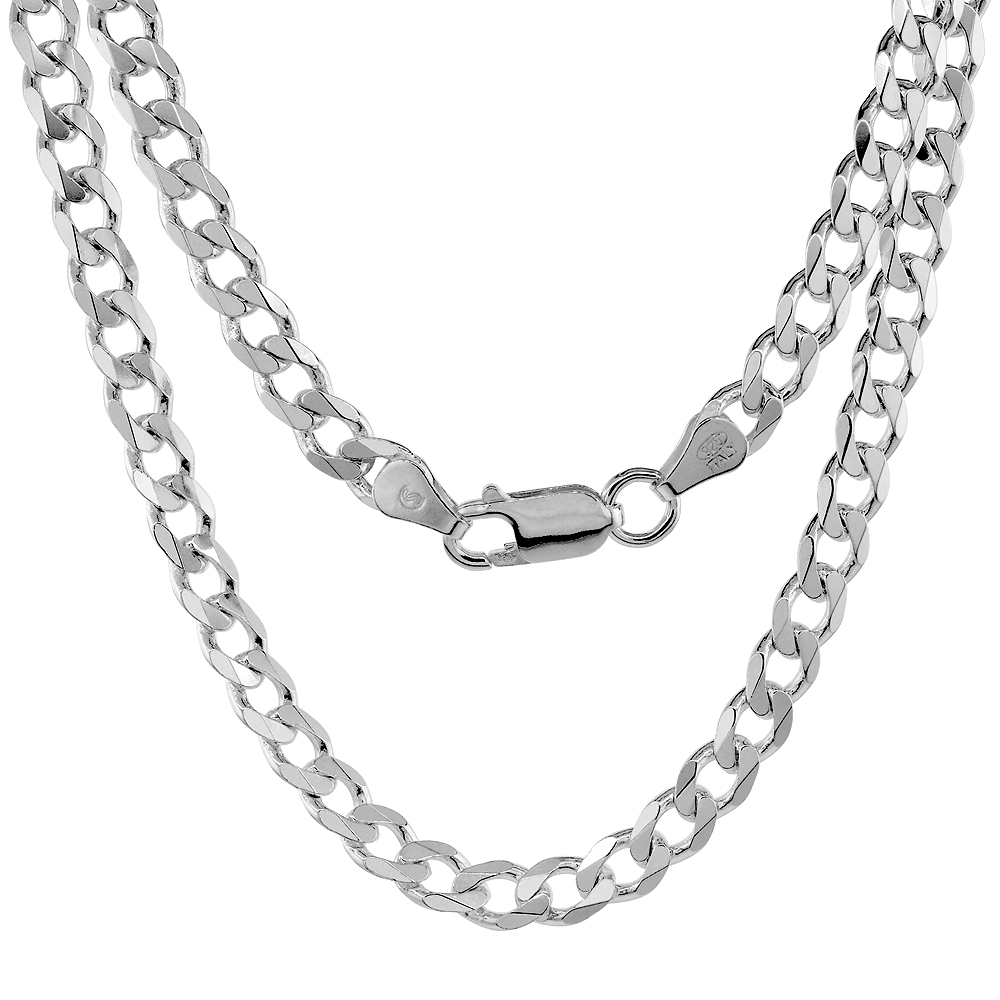 STERLING SILVER 5.5MM CURB CUBAN LINK CHAIN NECKLACES AND BRACELETS FOR MEN AND WOMEN BEVELED EDGES NICKEL FREE ITALY 7-30 INCH