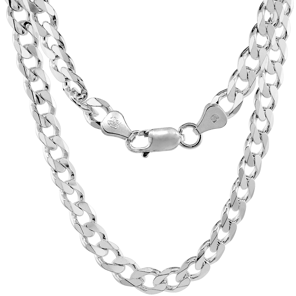 STERLING SILVER 6.5MM CURB CUBAN LINK CHAIN NECKLACES AND BRACELETS FOR MEN AND WOMEN BEVELED EDGES NICKEL FREE ITALY 7-36 INCH