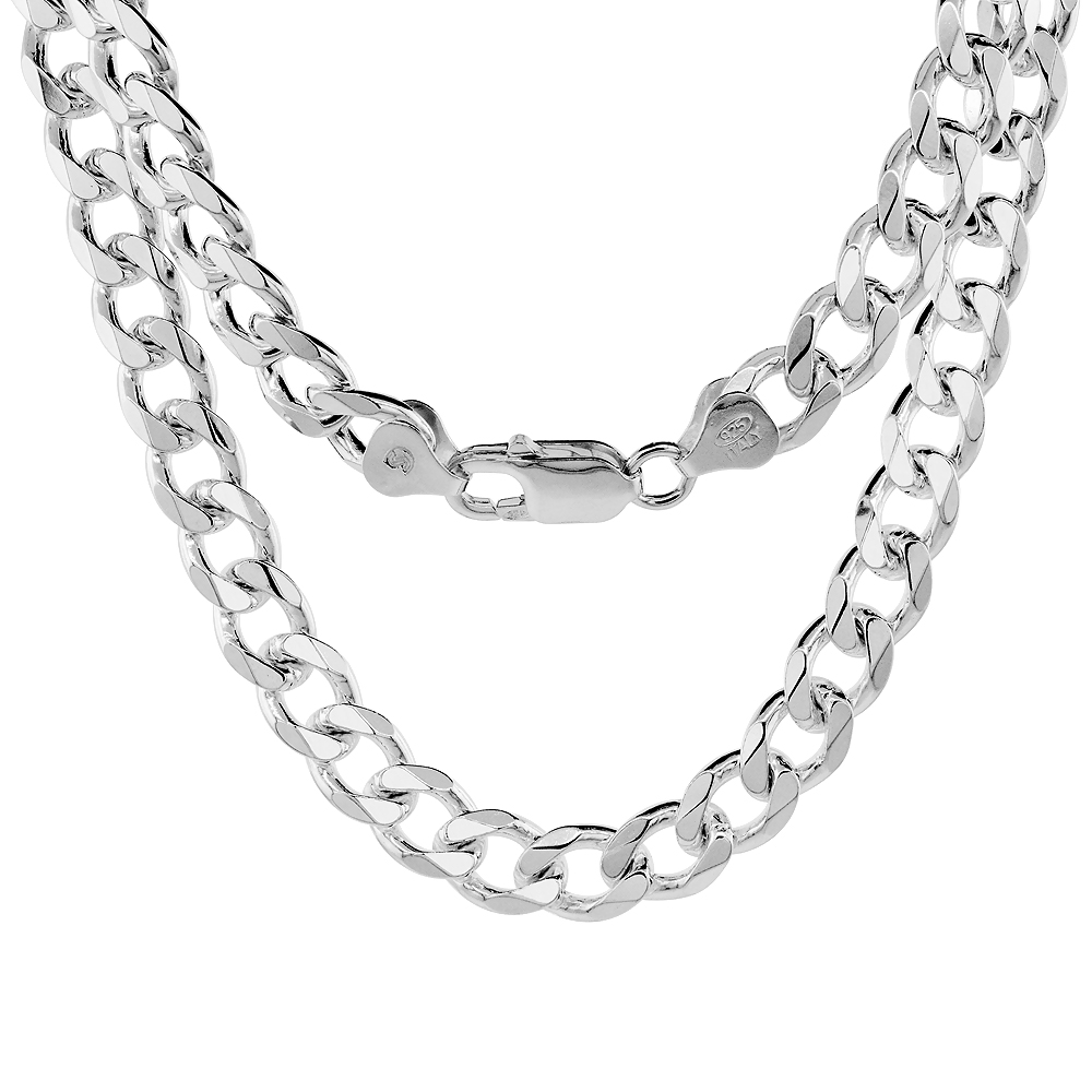 STERLING SILVER 8MM CURB CUBAN LINK CHAIN NECKLACES AND BRACELETS FOR MEN AND WOMEN BEVELED EDGES NICKEL FREE ITALY 7-36 INCH