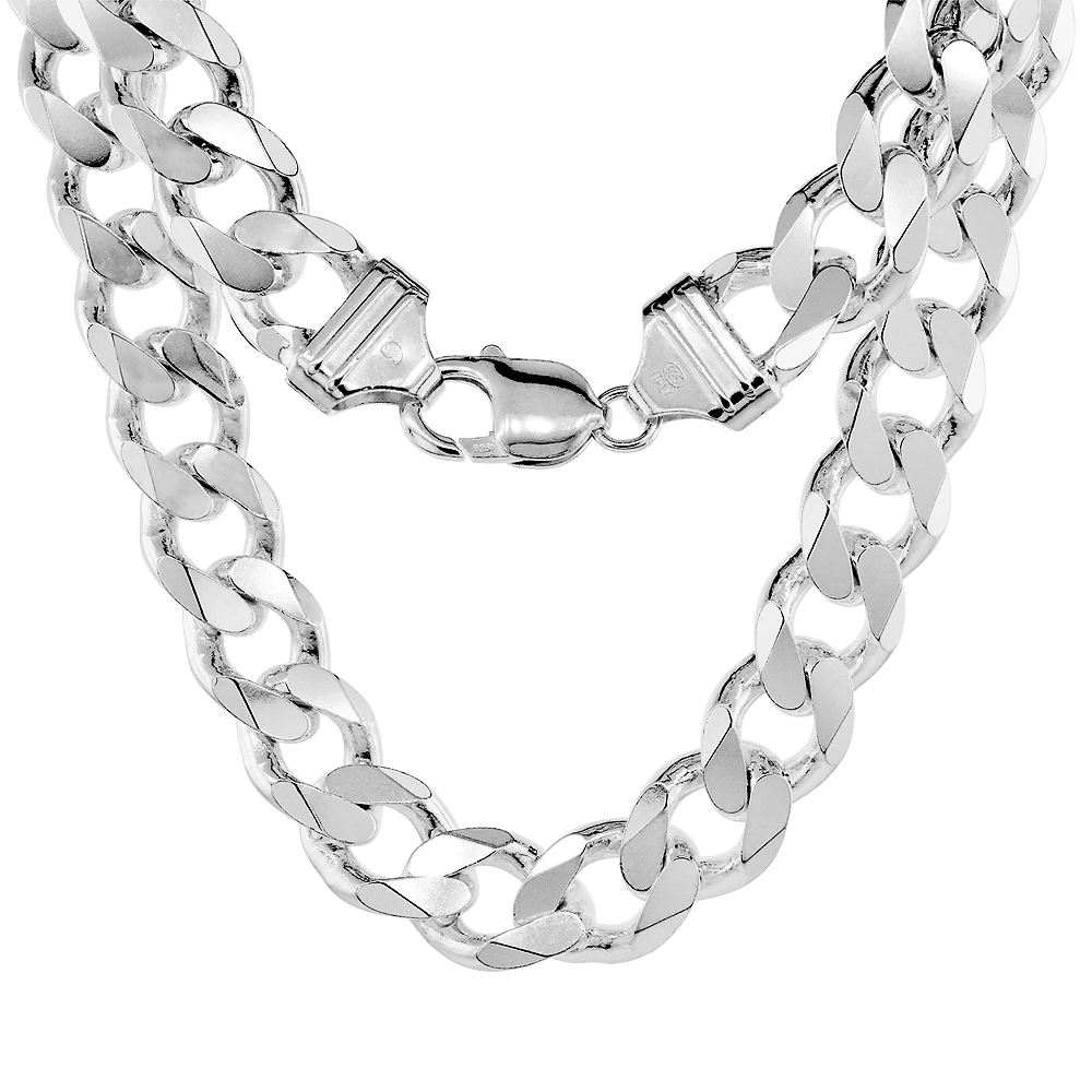 Sterling Silver Thick Curb Cuban Link Chain Necklaces & Bracelets 13mm Beveled Nickel Free Italy, 8-30
