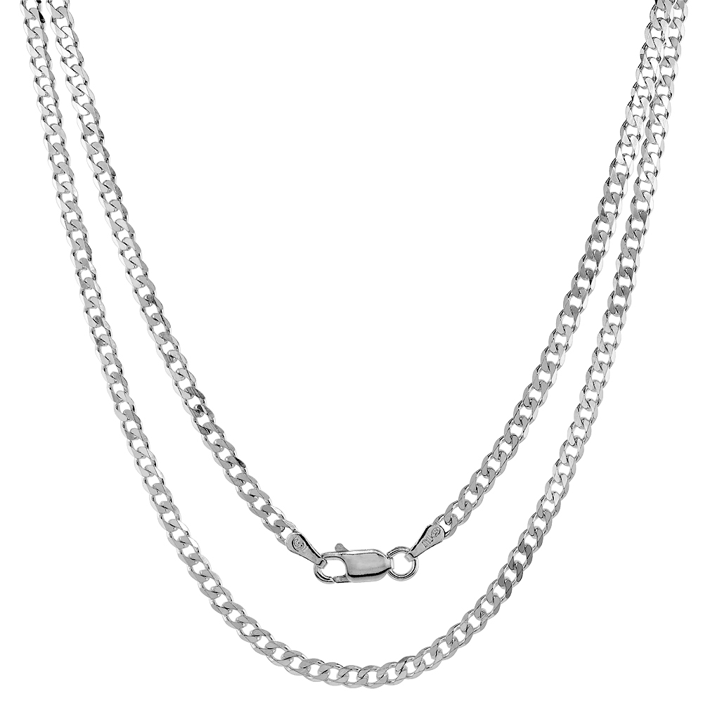 Sterling Silver Curb Cuban Link Chain Necklaces & Bracelets 3mm Beveled Edge Nickel Free Italy, 7-30 inch