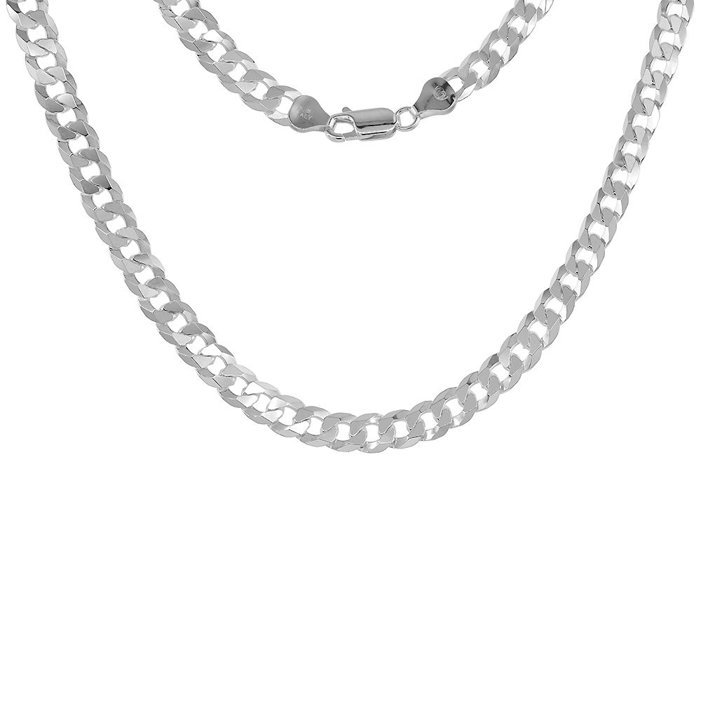7mm Sterling Silver Flat Curb Chain Necklaces & Bracelets for Men Beveled Edges Nickel Free Italy sizes 8-28 inch