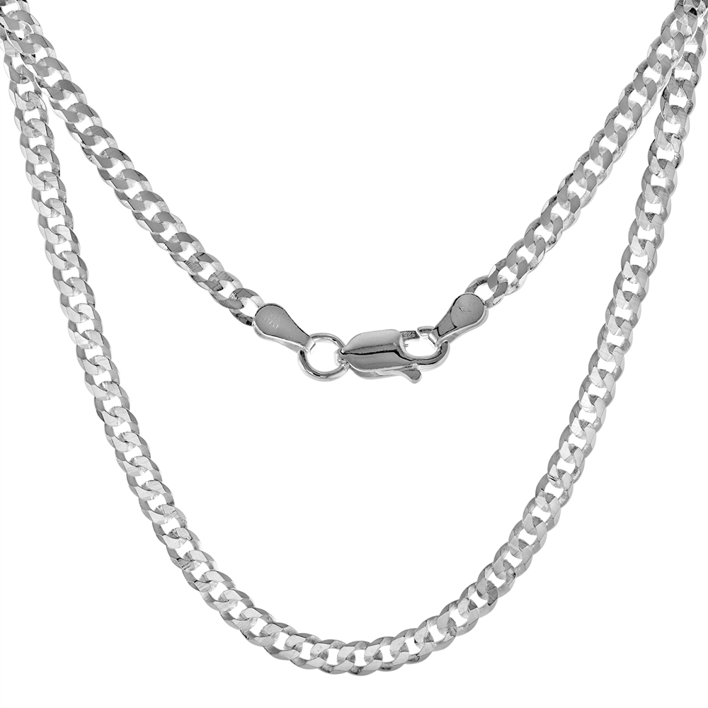 Sterling Silver 3mm Flat Curb Cuban Chain Necklaces and Bracelets for Men and Women Beveled Edges Polished Finish Nickel Free Italy 7-30 inch