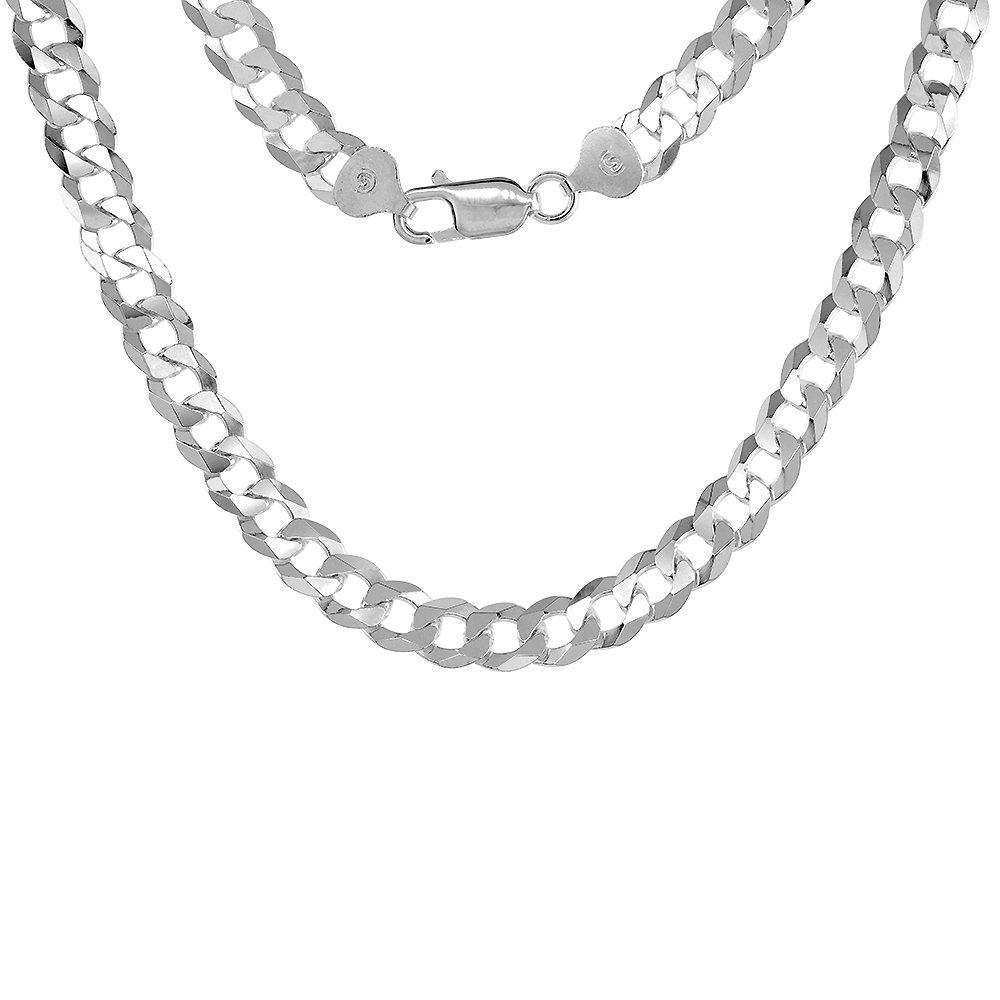 9mm Sterling Silver Flat Curb Chain Necklaces &amp; Bracelets for Men Beveled Edges Nickel Free Italy sizes 8-28 inch