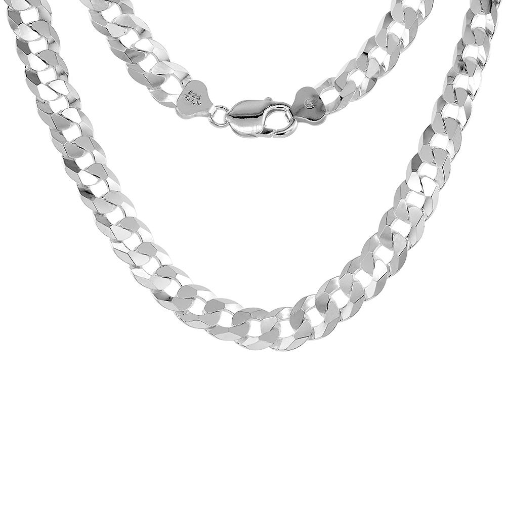 11mm Sterling Silver Flat Curb Chain Necklaces & Bracelets for Men Beveled Edges Nickel Free Italy sizes 8-28 inch