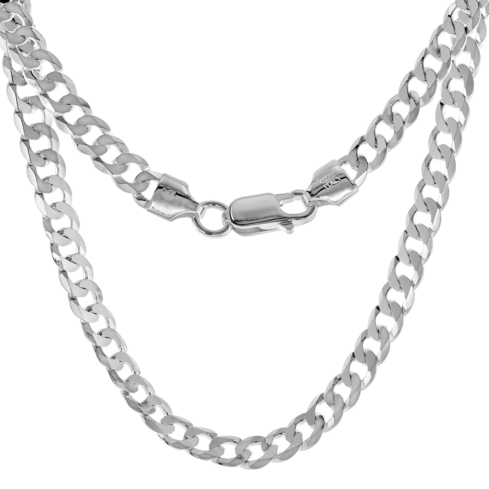 STERLING SILVER 5.5MM FLAT CURB CUBAN CHAIN NECKLACES AND BRACELETS FOR MEN AND WOMEN BEVELED EDGES POLISHED FINISH NICKEL FREE ITALY 7-30 INCH