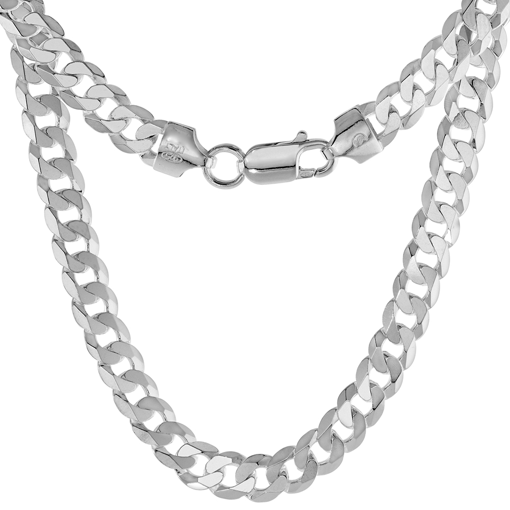 STERLING SILVER 6.5MM FLAT CURB CUBAN CHAIN NECKLACES AND BRACELETS FOR MEN AND WOMEN BEVELED EDGES POLISHED FINISH NICKEL FREE ITALY 7-36 INCH