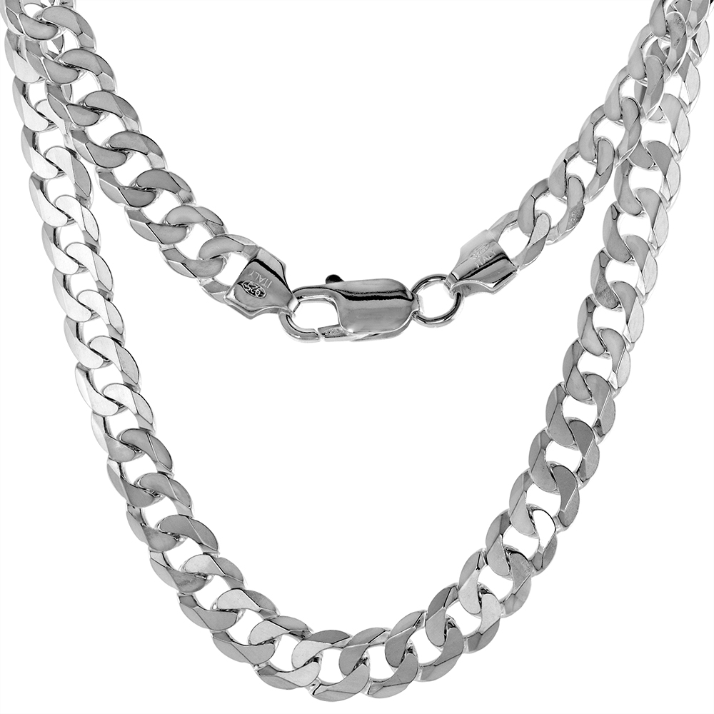 Sterling Silver 8mm Flat Curb Cuban Chain Necklaces &amp; Bracelets for Men Beveled Edges Polished Finish Nickel Free Italy sizes 8-28 inch