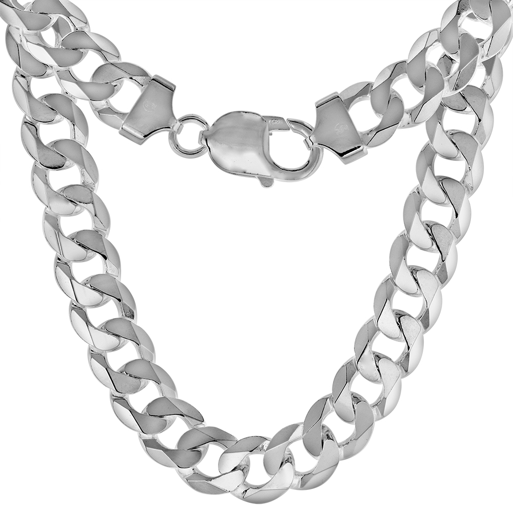 Sterling Silver 10mm Flat Curb Cuban Chain Necklaces and Bracelets for Men and Women Beveled Edges Polished Finish Nickel Free Italy 7-30 inch