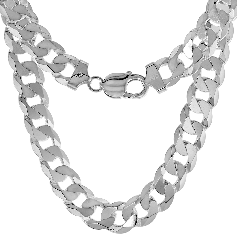 Sterling Silver 11mm Flat Curb Cuban Chain Necklaces &amp; Bracelets for Men Beveled Edges Polished Finish Nickel Free Italy sizes 8-28 inch