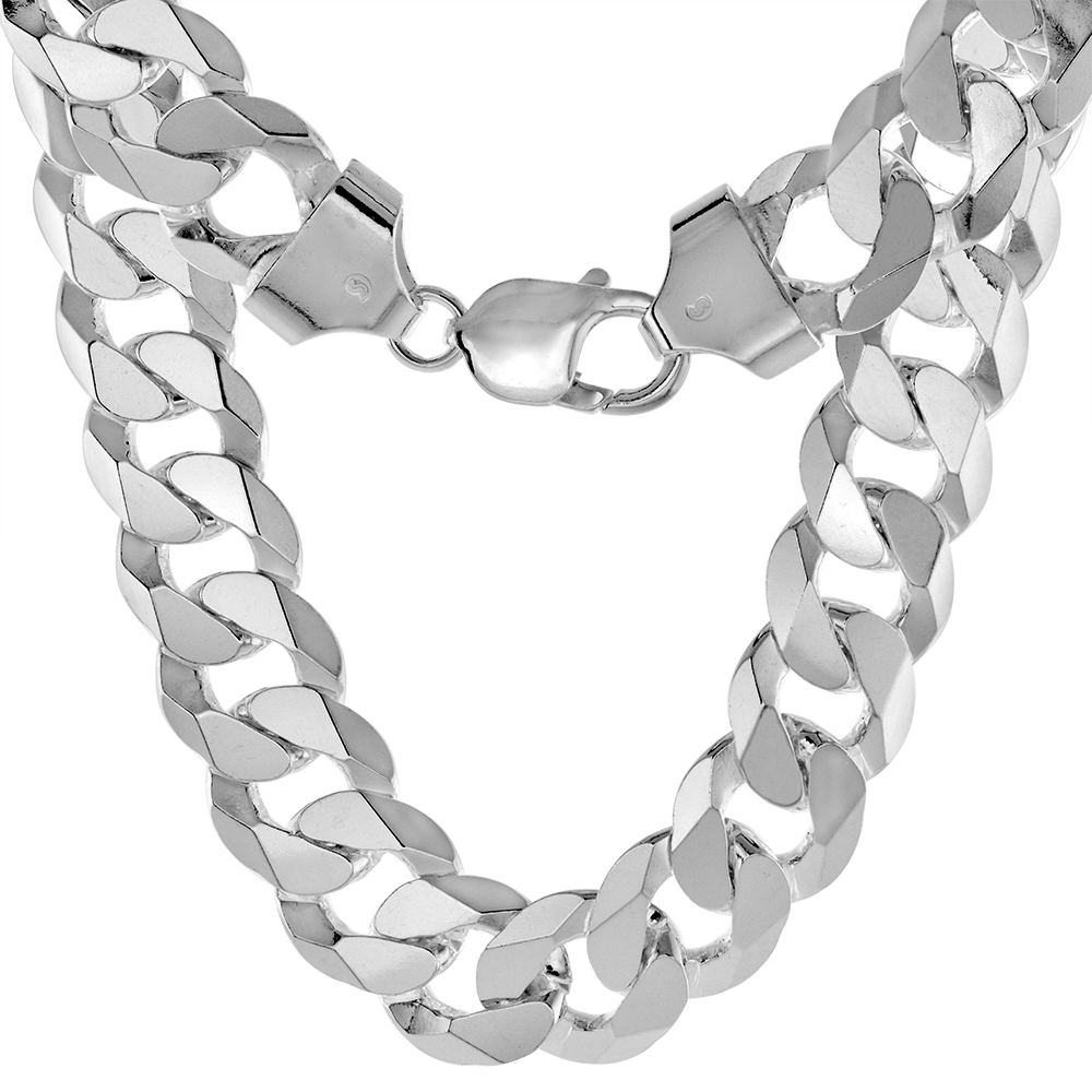Thick Sterling Silver 14mm Flat Curb Cuban Chain Necklace for Men and Women Beveled Edges Polished Finish Nickel Free Italy 8-30 inch
