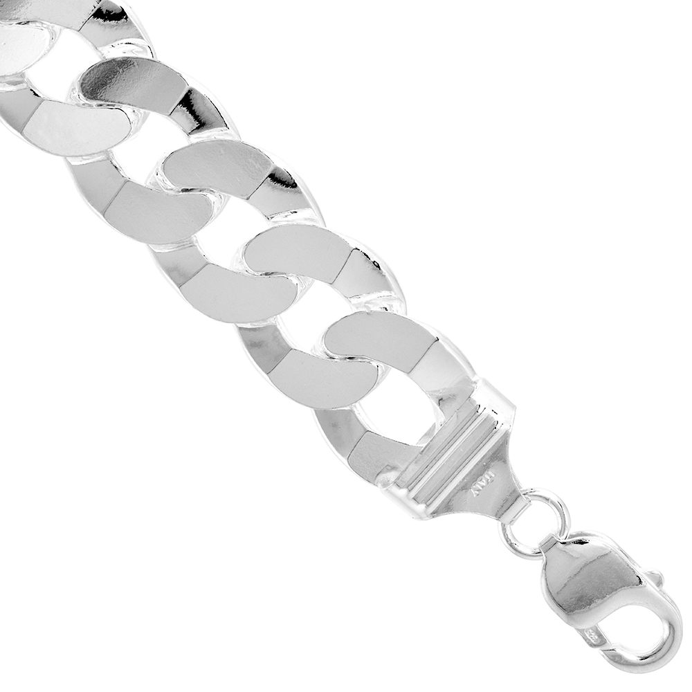 Thick Sterling Silver 15mm Flat Curb Cuban Chain Bracelets for Men Straight Edges Polished Finish Nickel Free Italy 8-9 inch