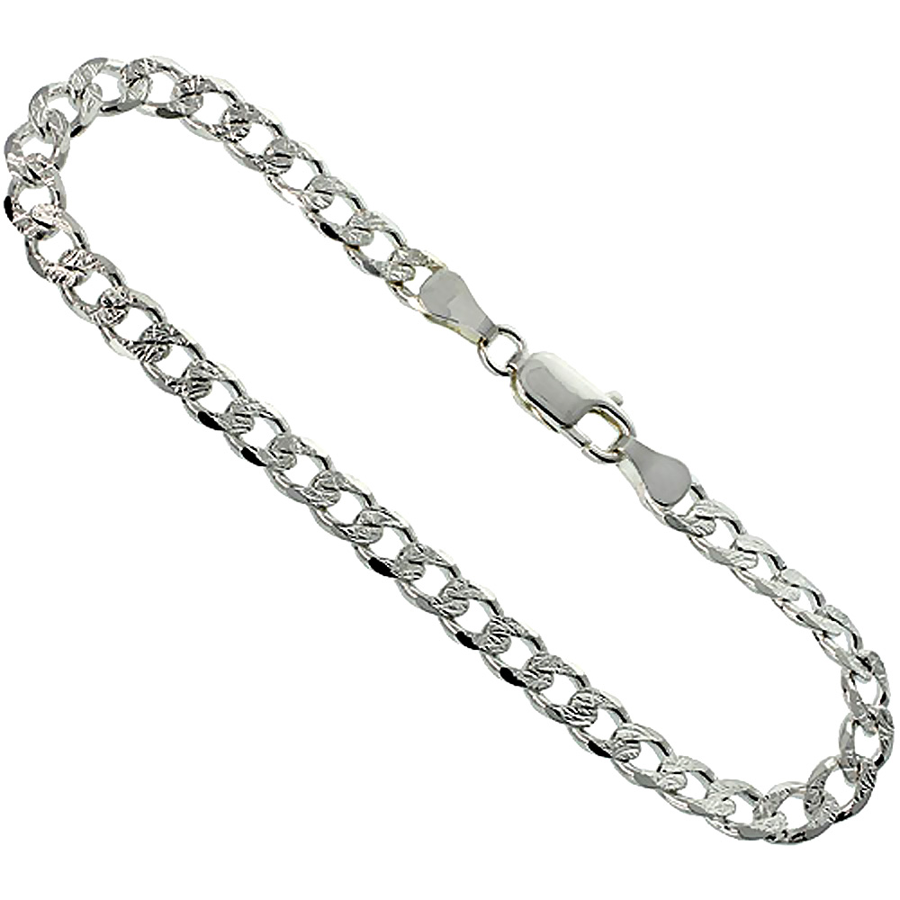 Sterling Silver Curb Cuban Link Chain Necklace 5.5mm Pave Cut Beveled Nickel Free Italy, 7-30 inch