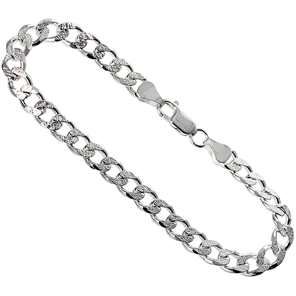 Sterling Silver Curb Cuban Link Chain Necklace 6.6mm Pave Cut Beveled Nickel Free Italy, 7-30 inch 