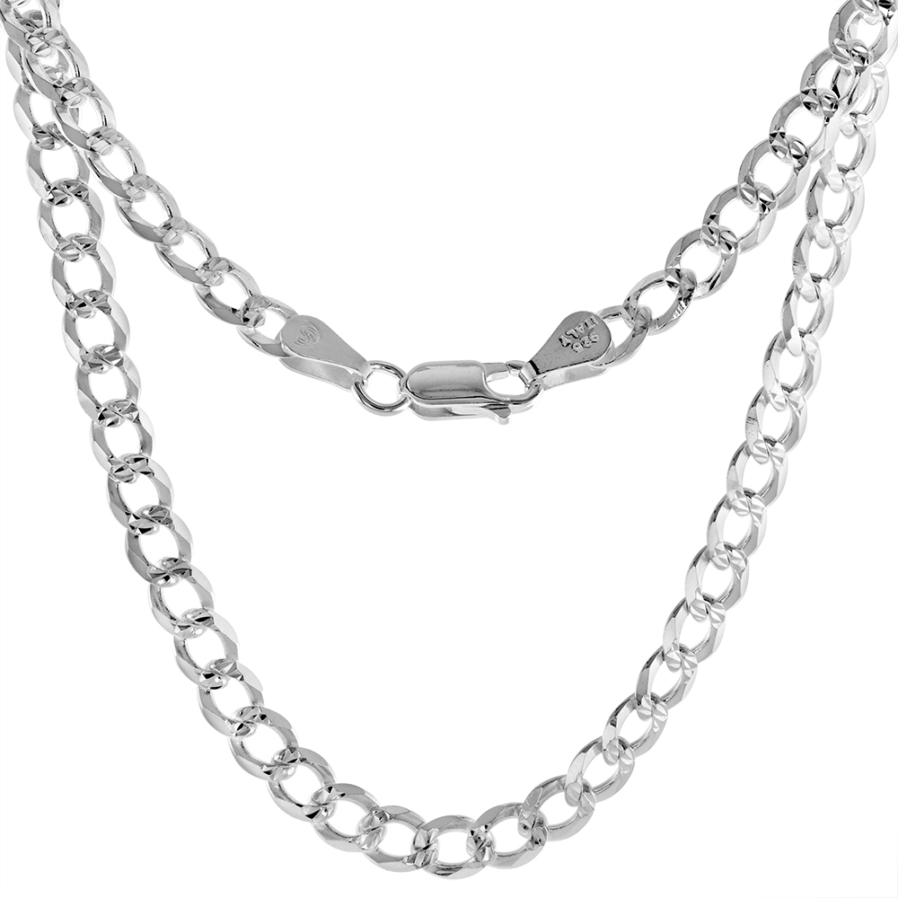 Sterling Silver 5mm Flat Curb Pave Cuban Chain Necklaces & Bracelets for Men and Women Diamond Cut Nickel Free Italy